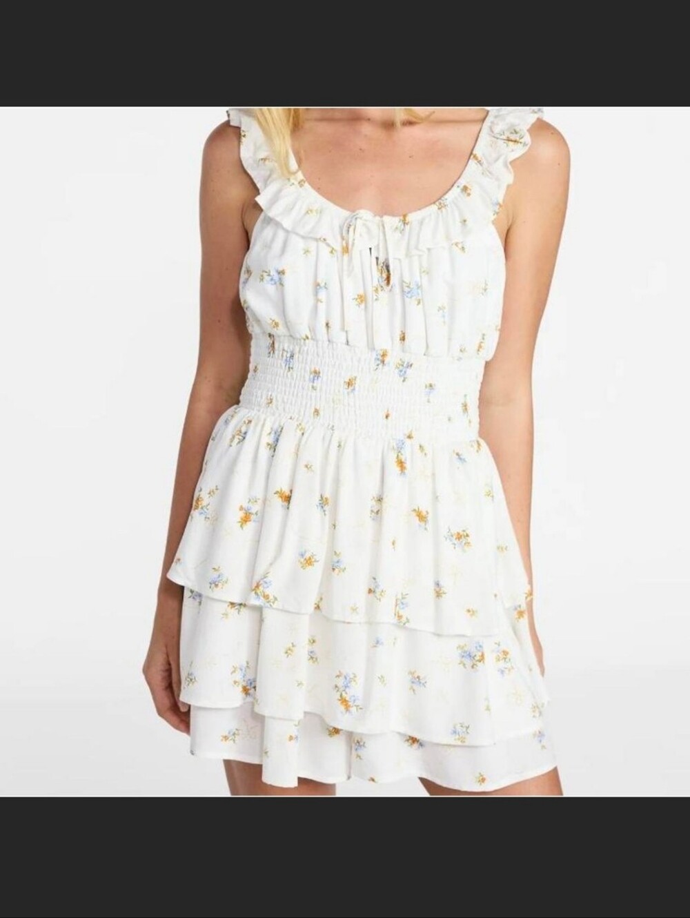 No Boundaries White Floral Ruffled Smocked Mini Dress